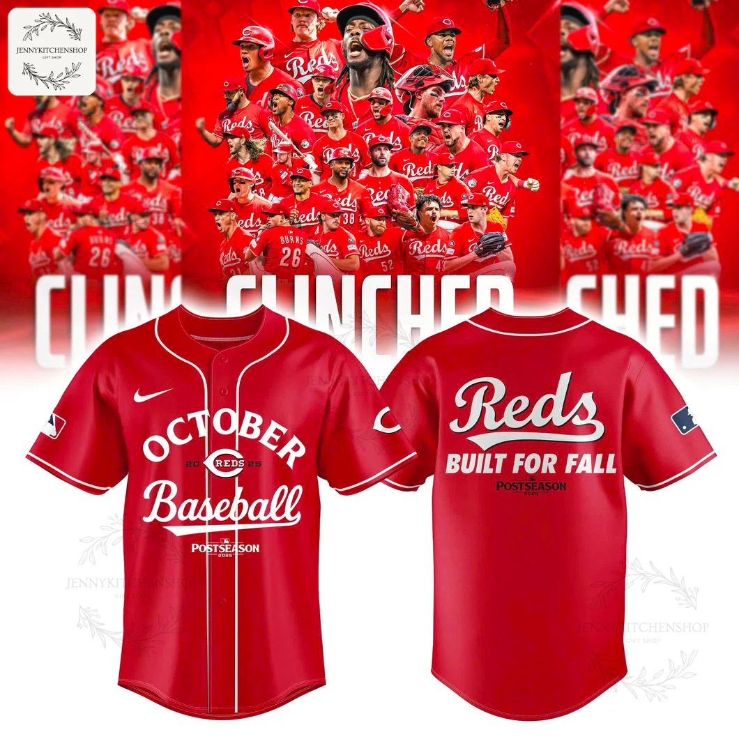 Front and back of the red Cincinnati Reds Postseason jersey over a collage of celebrating players and the word "CLINCHED".