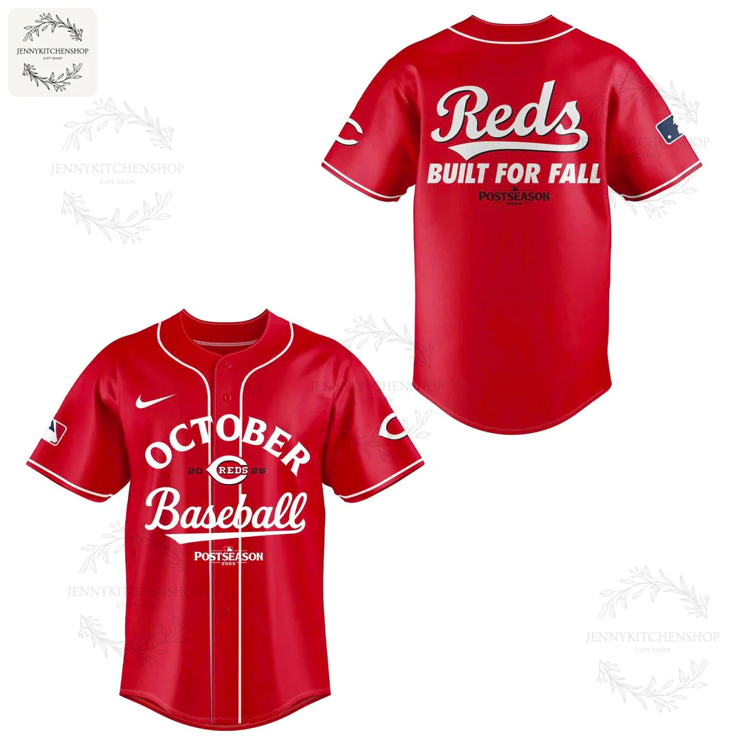 A mockup of the Cincinnati Reds Postseason jersey showing the front with "October Baseball" and the back with "Reds Built For Fall".