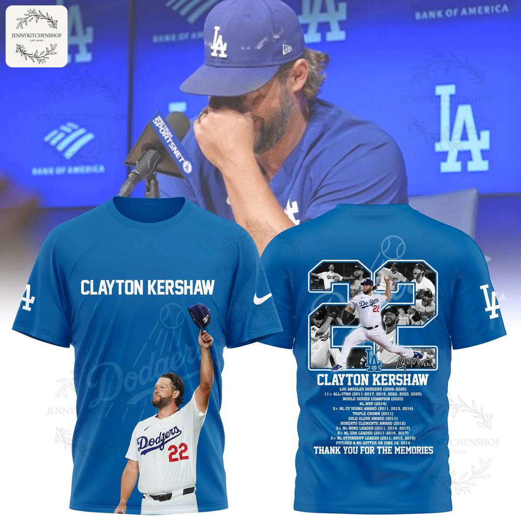 A blue 3D T-shirt honoring Clayton Kershaw of the LA Dodgers, showing him on the front and his career stats on the back.