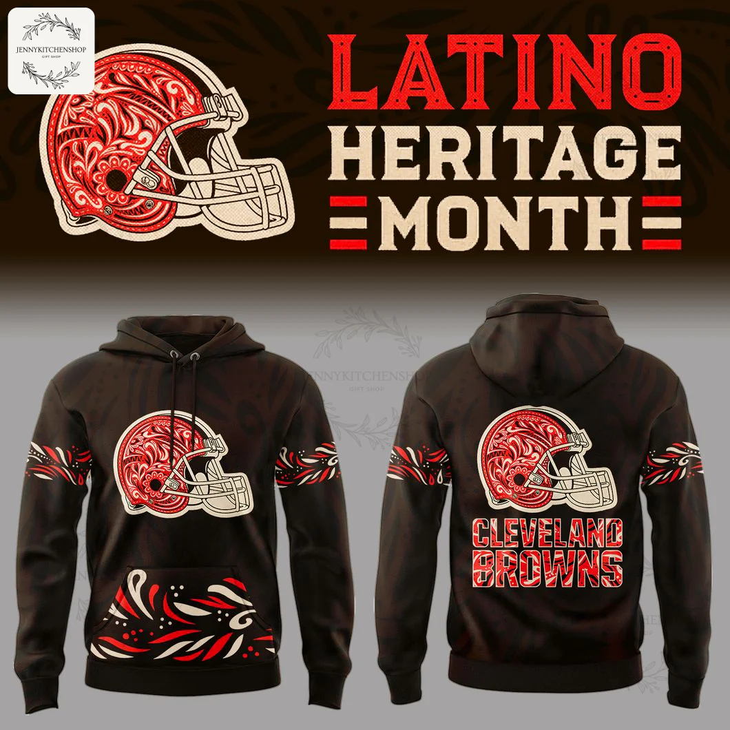 Front and back of a Cleveland Browns hoodie for Latino Heritage Month, featuring an intricate helmet graphic on a black base.