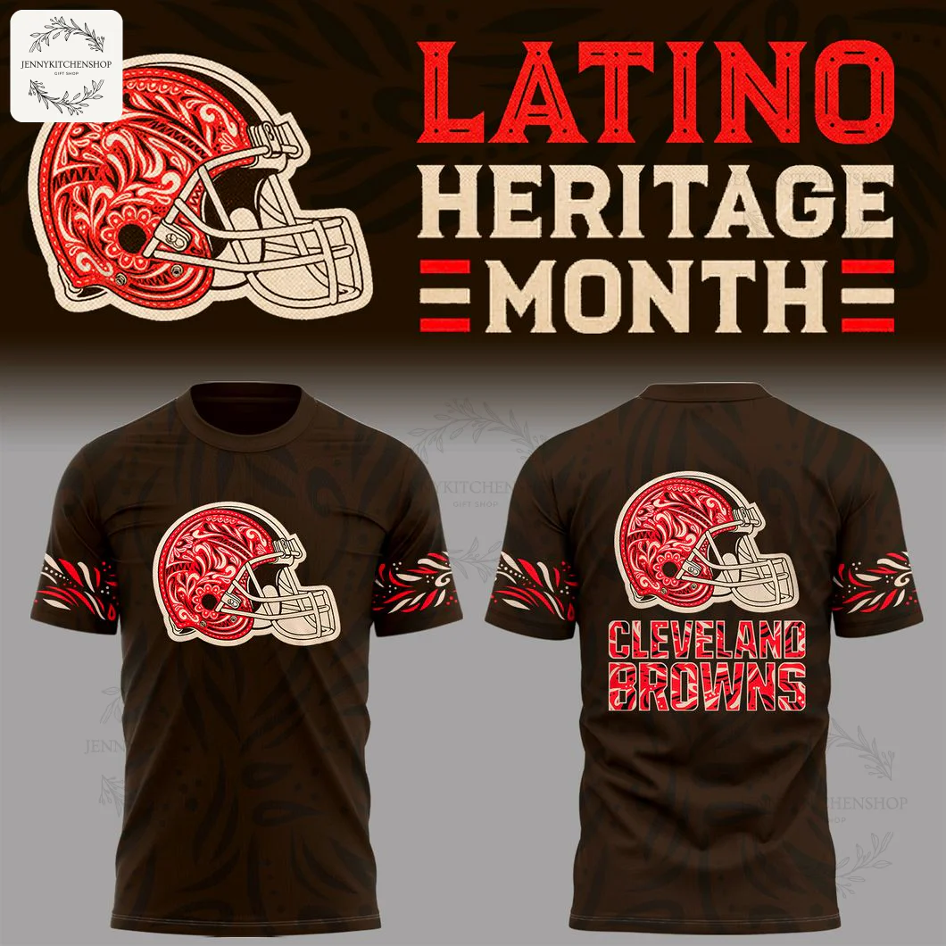 Front and back view of a Cleveland Browns t-shirt celebrating Latino Heritage Month with a folk art helmet design.