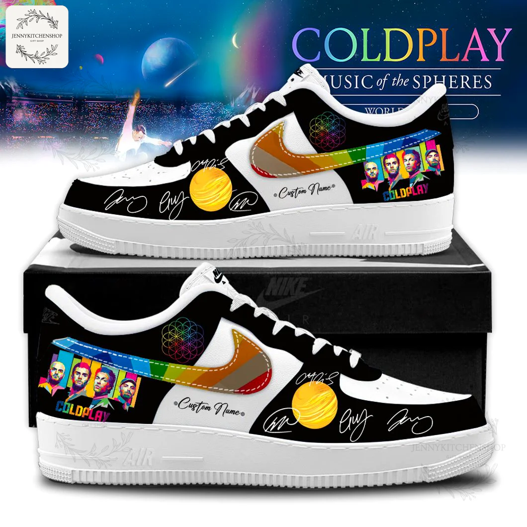 A pair of custom Coldplay Music of the Spheres Air Force 1 shoes featuring band portraits, signatures, and a colorful swoosh.