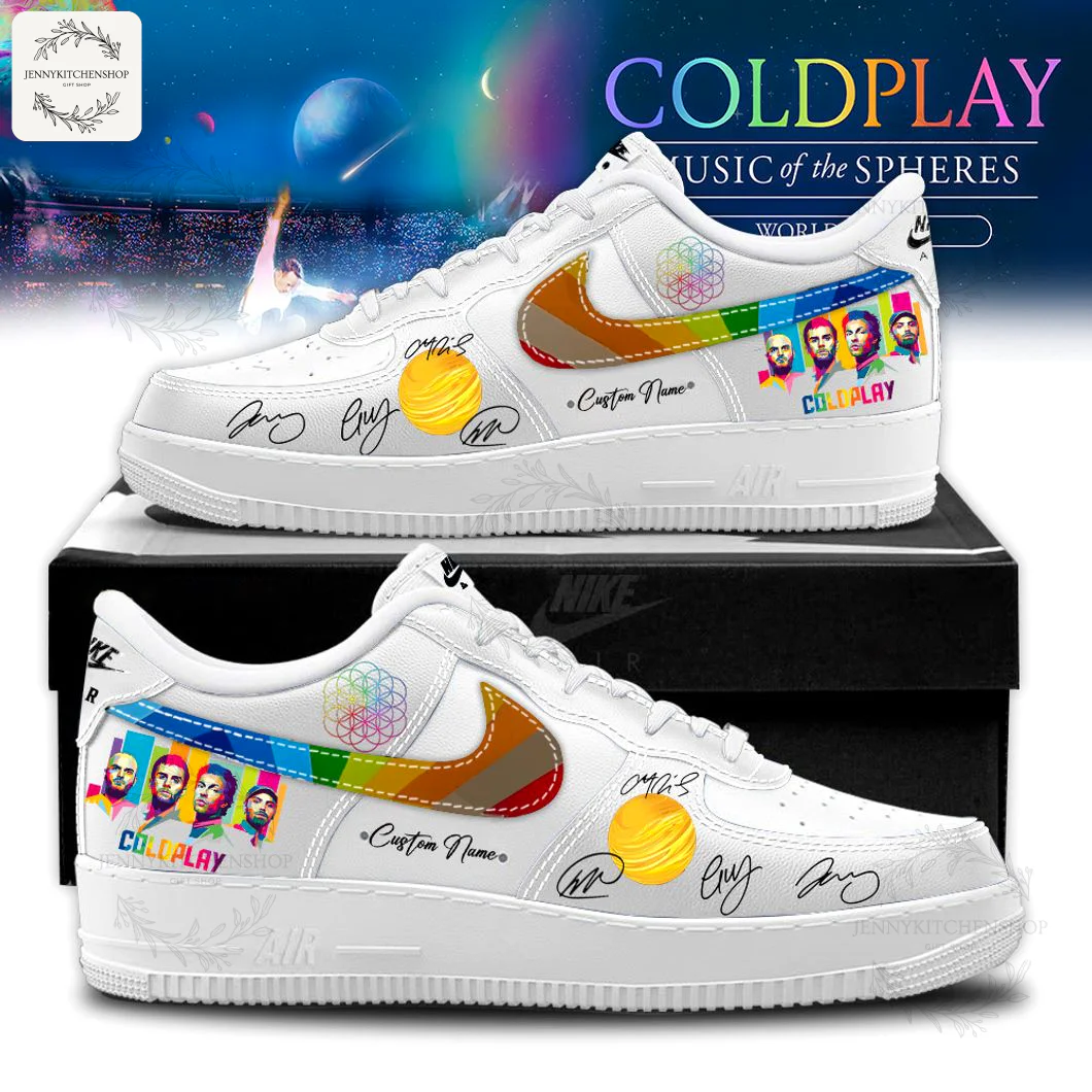 A pair of custom white Air Force 1s with Coldplay's Music of the Spheres tour art, band portraits, signatures, and a rainbow swoosh.