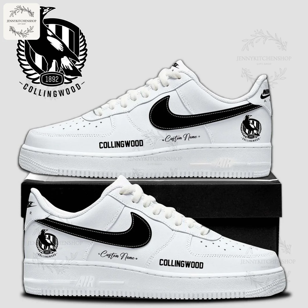 A pair of white custom Air Force 1 shoes featuring the Collingwood Magpies logo, team name, and a custom name option.