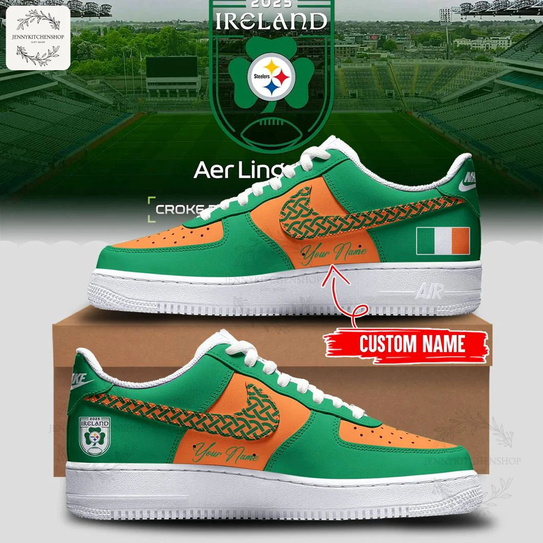 A pair of custom green and orange Pittsburgh Steelers sneakers for the Ireland 2025 game, highlighting the custom name feature.