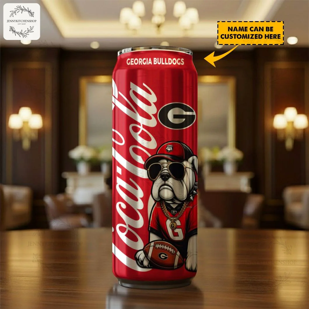 The Bulldogs Team Mix Coca Red Can Custom Tumbler shown on a wooden table in a classic room setting, highlighting its design.