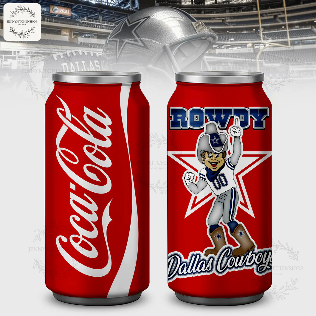Two views of a Dallas Cowboys Coca-Cola can tumbler. The front shows the Coke logo, the back features mascot Rowdy and team logos.