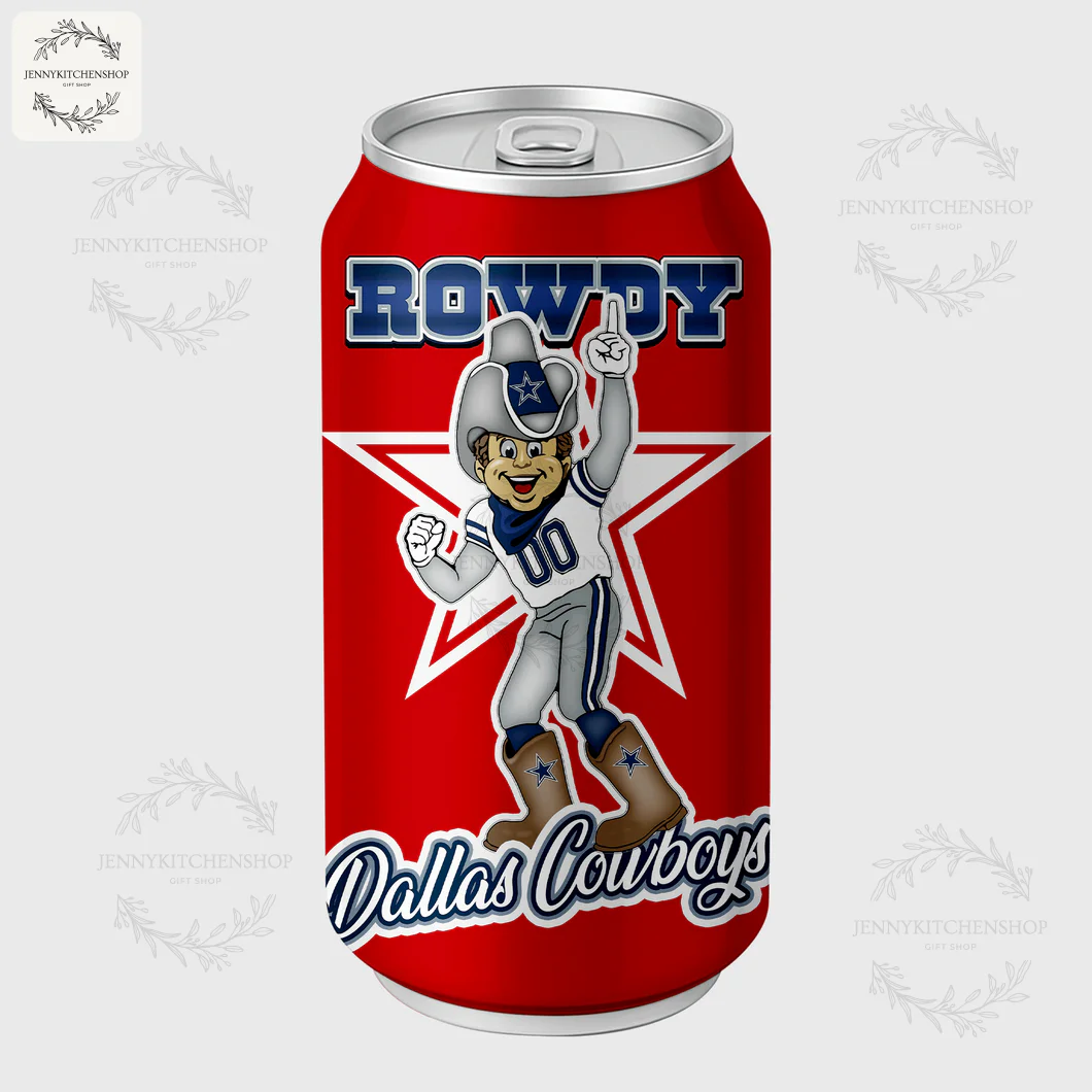 Dallas Cowboys Coca-Cola Tumbler - Rowdy Mascot Design The custom side of the Dallas Cowboys Coca-Cola tumbler, featuring the team mascot Rowdy, a star, and the team name.