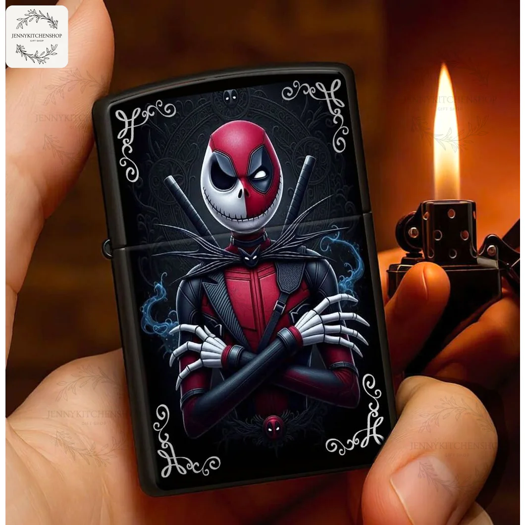 A hand holding a lit black windproof lighter case featuring a mashup of Deadpool and Jack Skellington with arms crossed.
