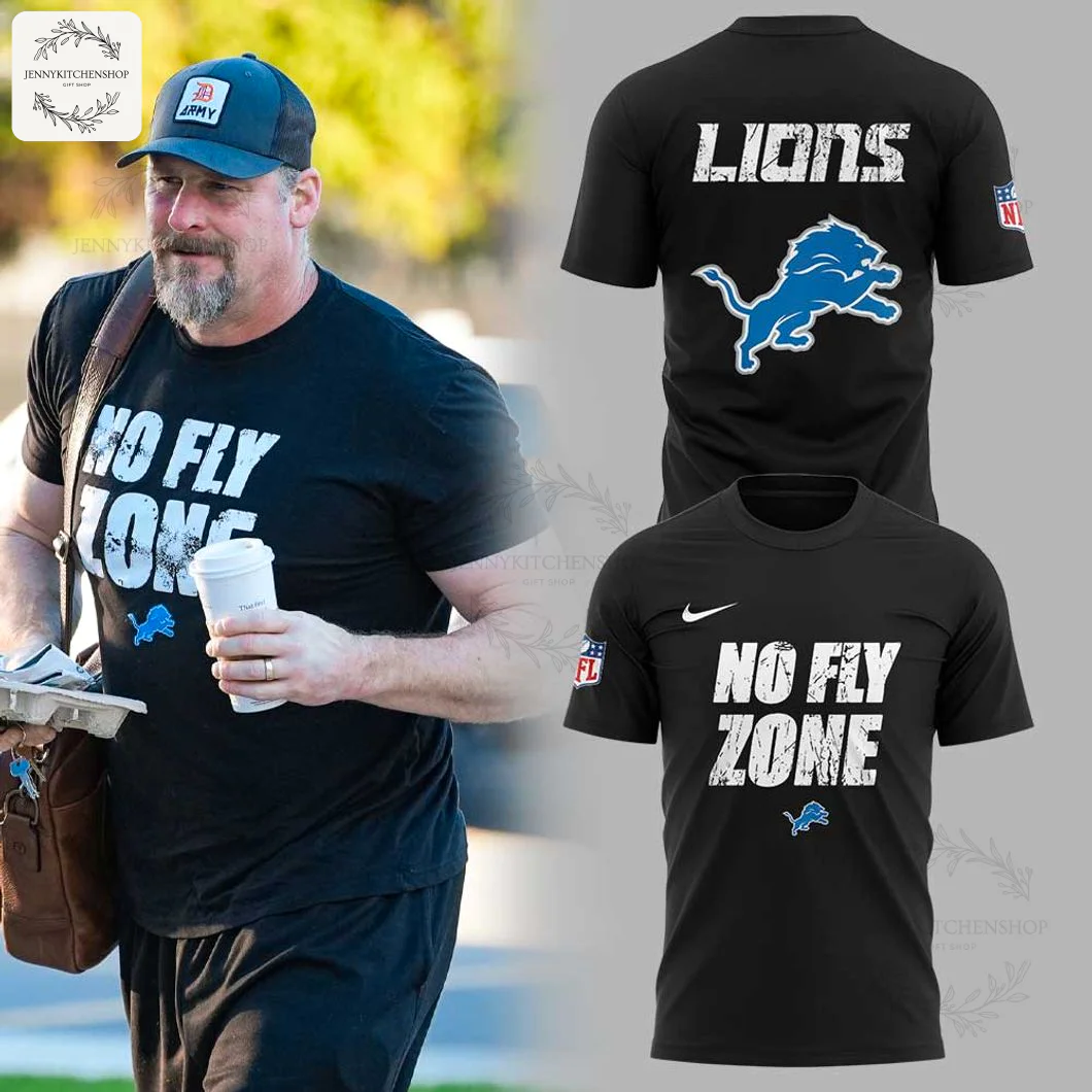 Coach Dan Campbell in the Detroit Lions No Fly Zone T-Shirt, with product mockups of the front and back designs shown.