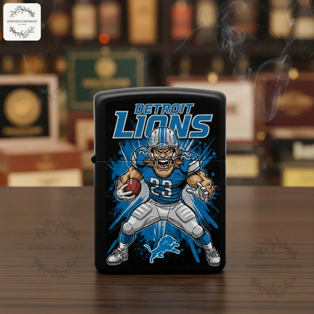 A black windproof lighter case with fan art of an intense Detroit Lions player, set on a wooden table with a blurry bar background.