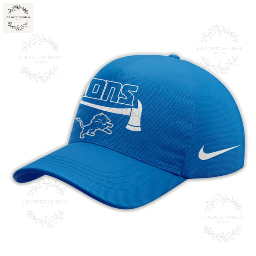 A blue Detroit Lions cap with a firefighter appreciation design, featuring the Lions logo, an axe, and a Nike swoosh.