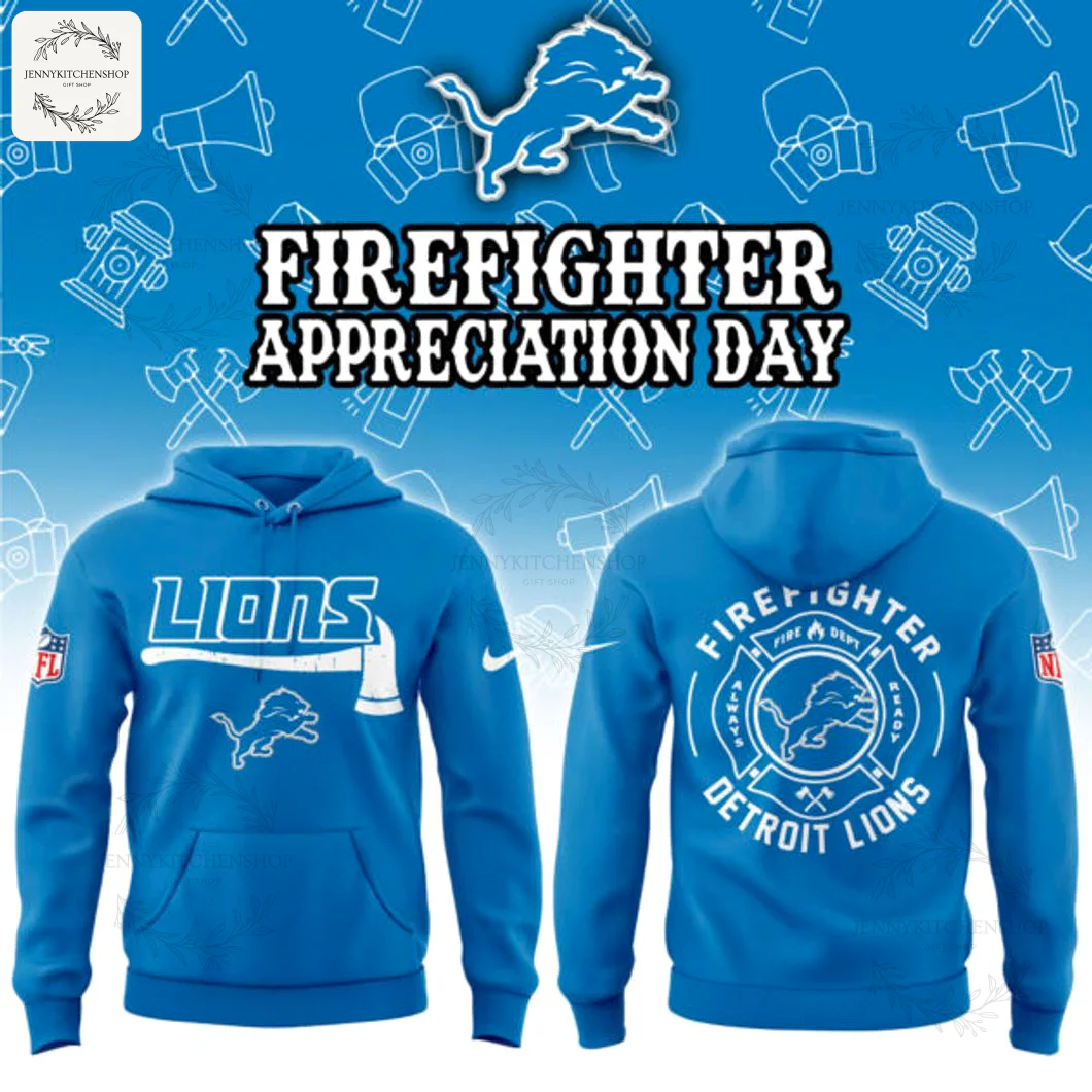Front and back view of the blue Detroit Lions Firefighter Appreciation hoodie with axe logo and firefighter emblem.