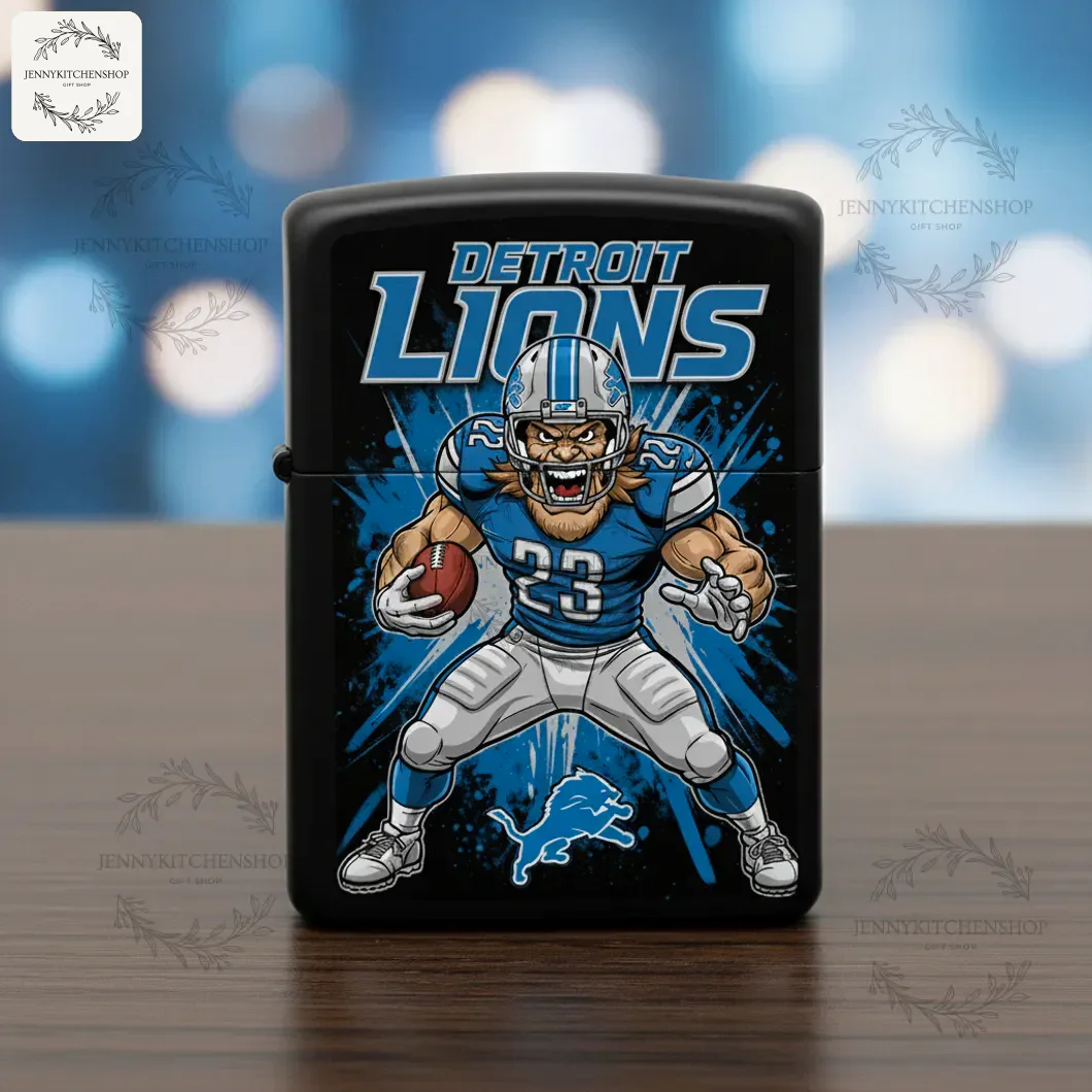 The Detroit Lions windproof lighter case showcasing detailed fan art of a player, set against a stylish blue bokeh background.