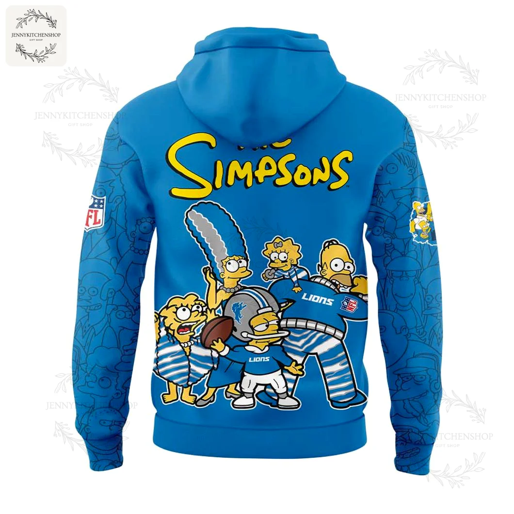 Back View of the Detroit Lions x The Simpsons Blue Hoodie Back of the blue Detroit Lions x Simpsons hoodie showing the entire Simpsons family dressed in Lions football uniforms.