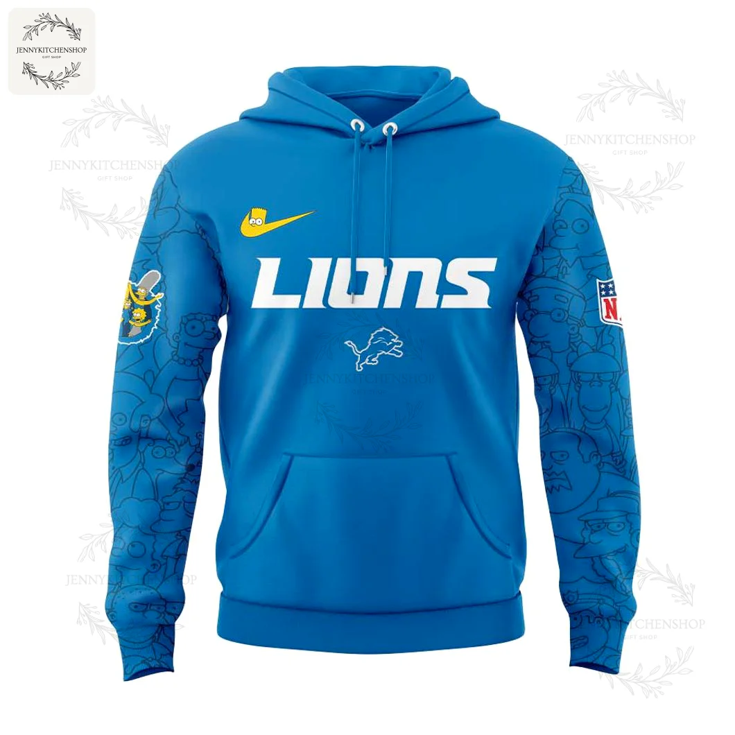 Front of the blue Detroit Lions x Simpsons hoodie with the team name, logo, and character-patterned sleeves.