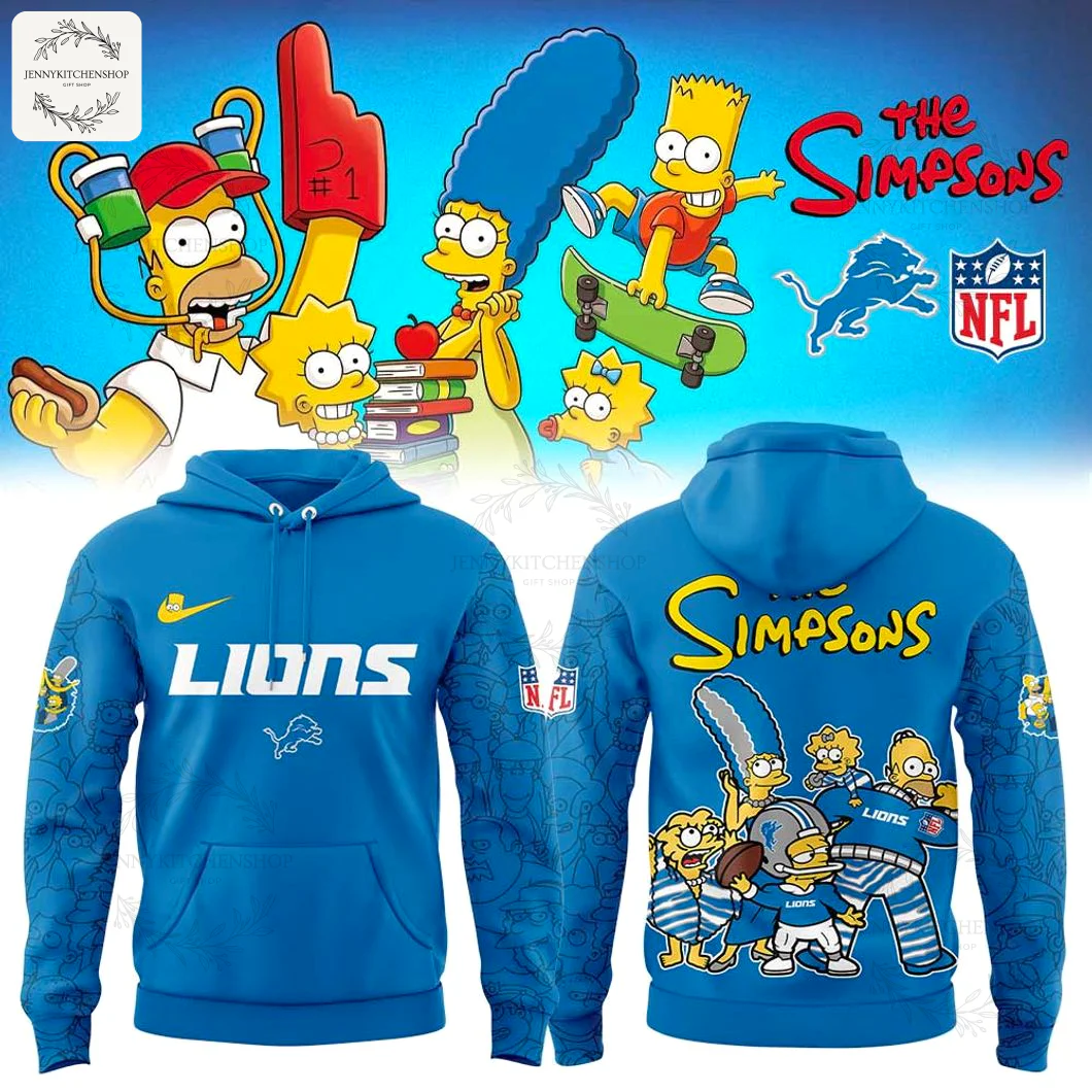 A blue Detroit Lions hoodie featuring The Simpsons. The front has the Lions logo and the back shows the Simpsons family in football gear.
