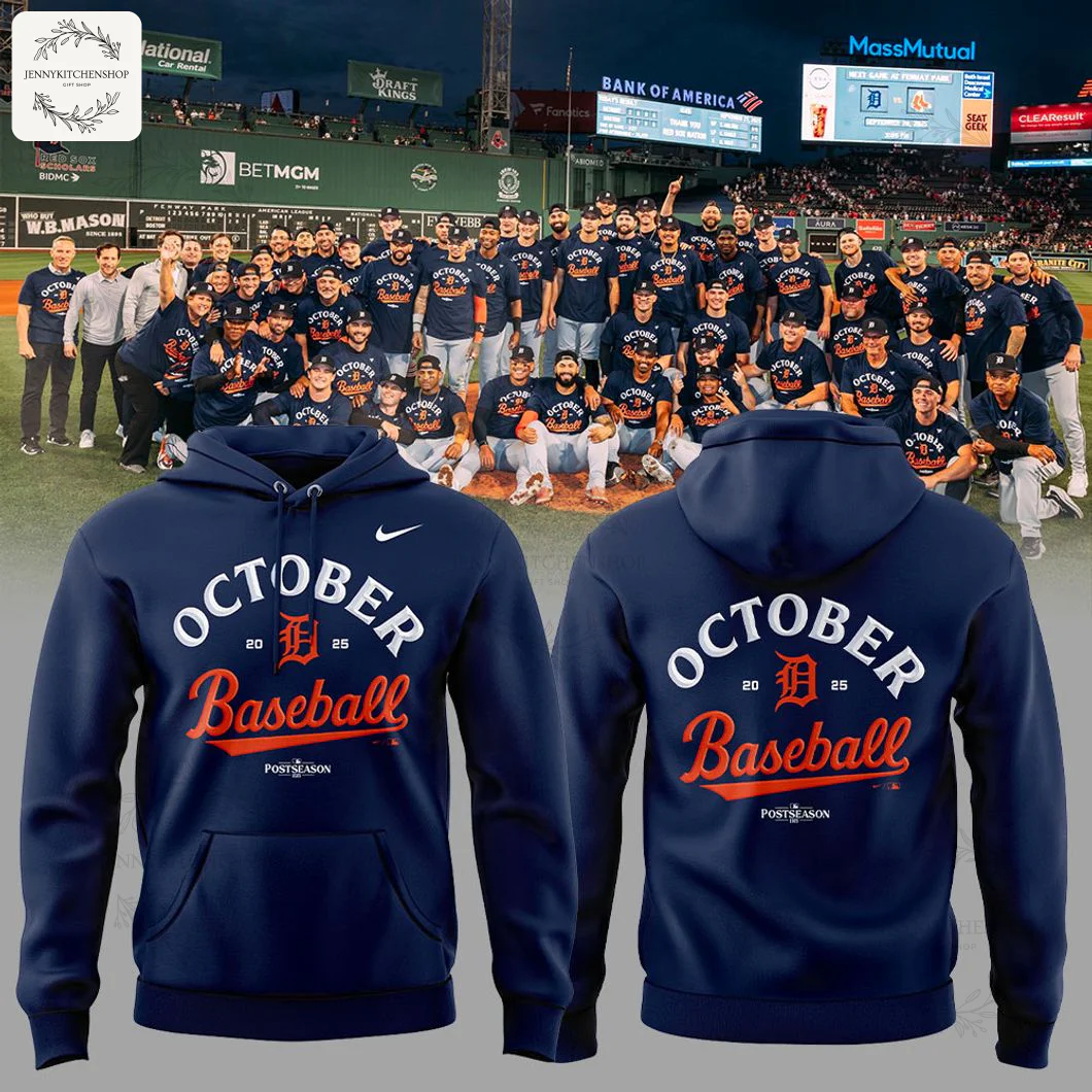 A promotional image showing the front and back of the Detroit Tigers 2025 Postseason hoodie over a team celebration photo.