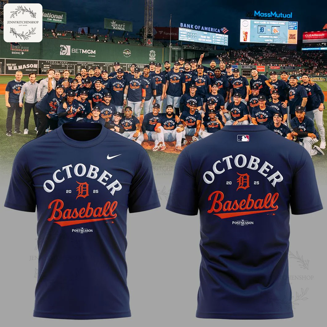 Front and back of the Detroit Tigers 2025 MLB Postseason t-shirt with the team celebrating on the field in the background.