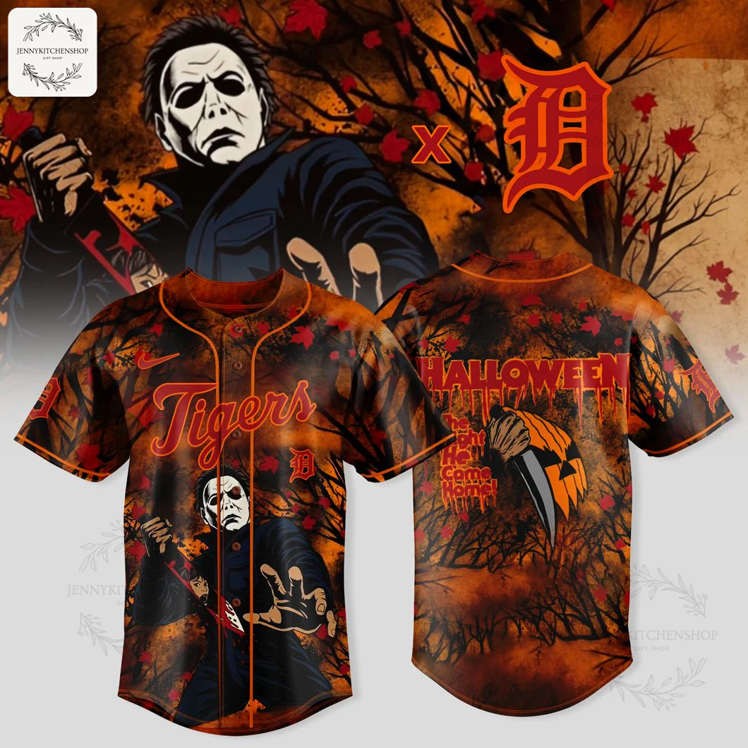 A front and back view of the Detroit Tigers Michael Myers Halloween baseball jersey featuring spooky graphics and team logos.