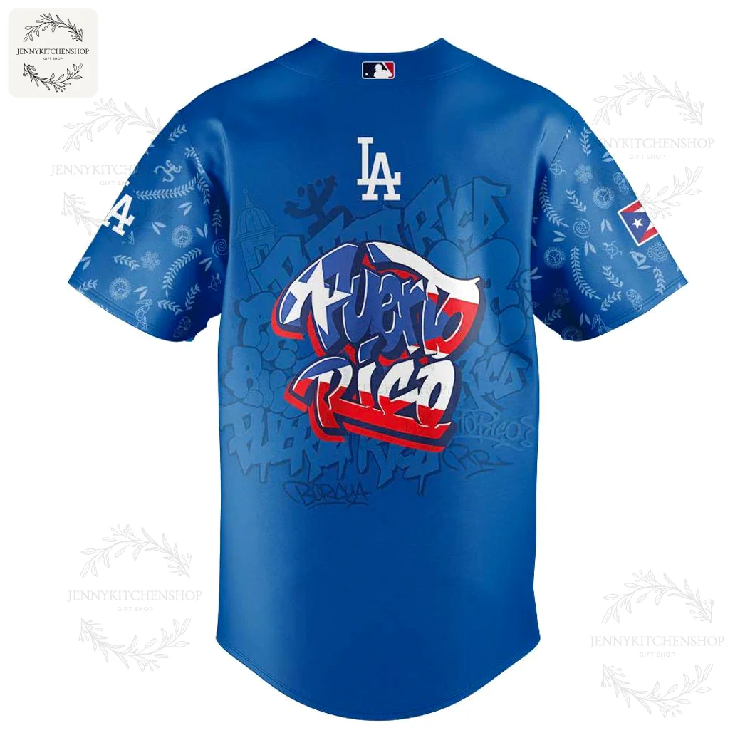 Back View of the Dodgers Puerto Rican Heritage Jersey Back of the blue Los Angeles Dodgers Puerto Rican Heritage jersey featuring a large, stylized "Puerto Rico" graffiti graphic.