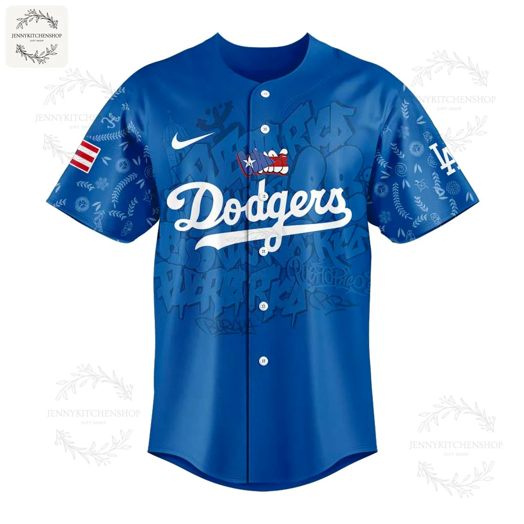 Front of the blue Los Angeles Dodgers Puerto Rican Heritage jersey with a special flag logo over the script and graffiti designs.