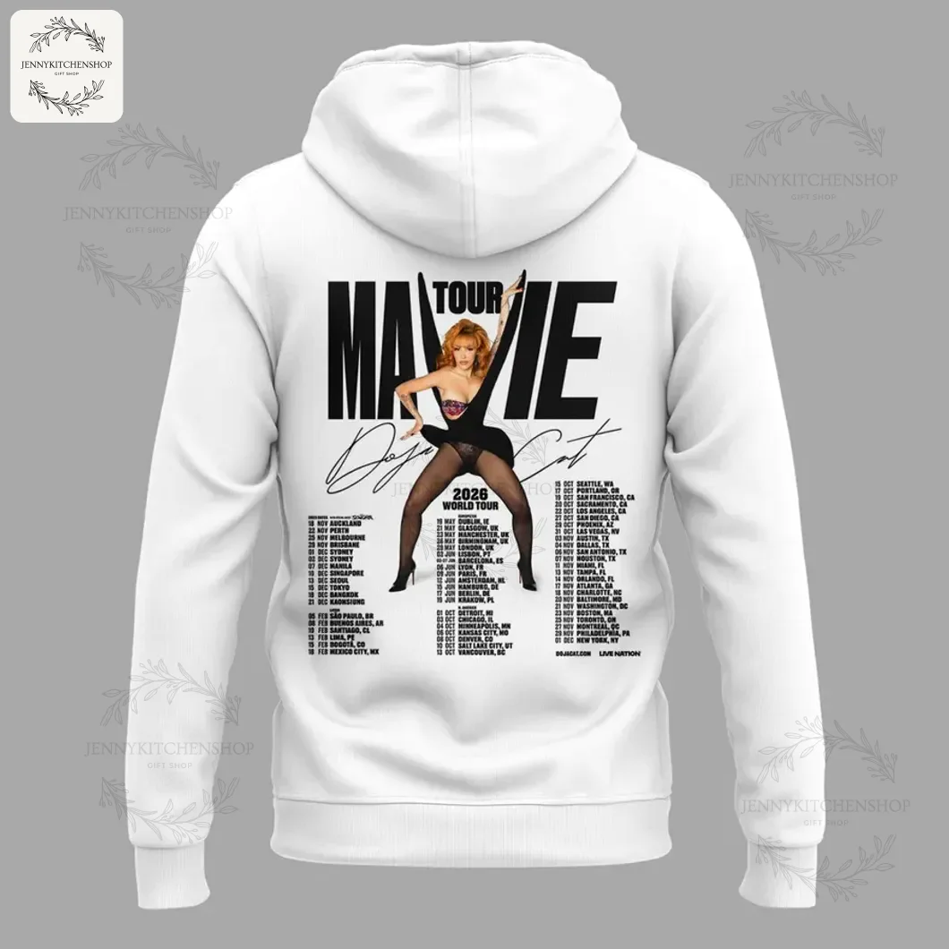 Back of the Doja Cat Tour Ma Vie 2026 Hoodie with Tour Dates Back view of a white hoodie featuring the 'TOUR MA VIE' graphic with Doja Cat and a list of the 2026 world tour dates.