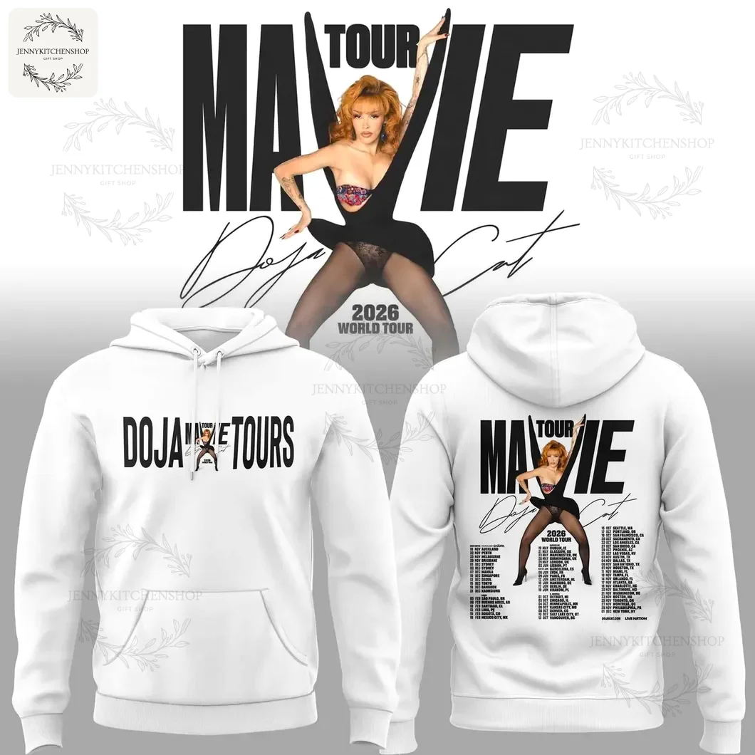 A white hoodie showing the front and back designs for the Doja Cat Tour Ma Vie 2026 World Tour, with the main tour graphic.