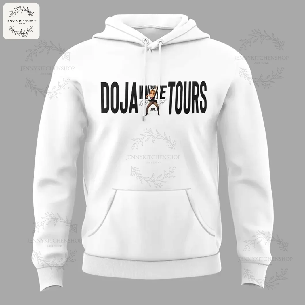 Front view of a white hoodie with black text that reads 'DOJA TOURS' with a small image of Doja Cat in the center.