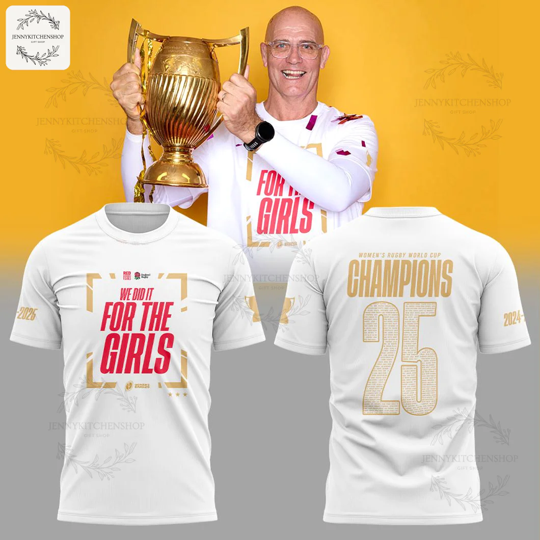 A promotional image showing a man with a trophy and the front and back of the England 2025 Women's Rugby World Cup Champions shirt.