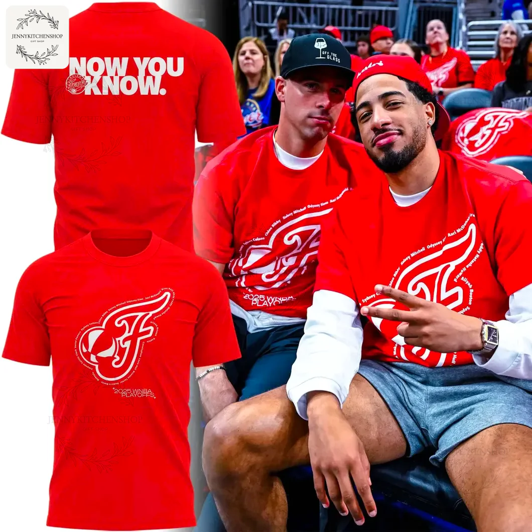 Two men wearing the red Indiana Fever 2025 Playoffs shirt at a game, with close-ups of the front and back designs.