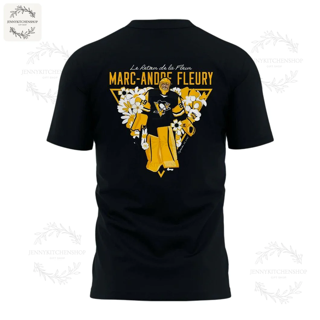 Back view of a black t-shirt displaying a yellow and white stylized illustration of a goalie in full gear inside a triangle, surrounded by flowers and the text "MARC-ANDRE FLEURY."