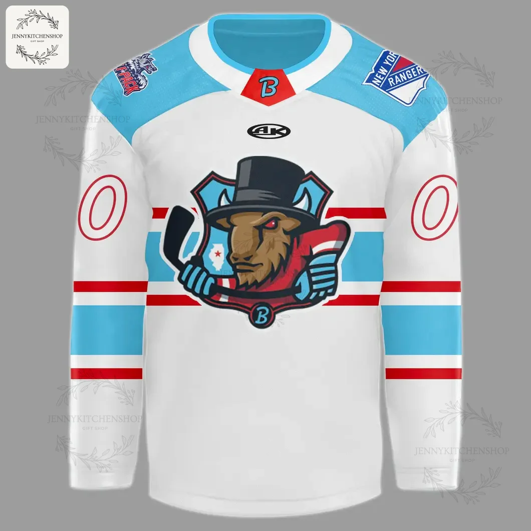 A close-up of the front of the Bloomington Bison 2025-26 jersey, showcasing the bison mascot logo and shoulder patches.