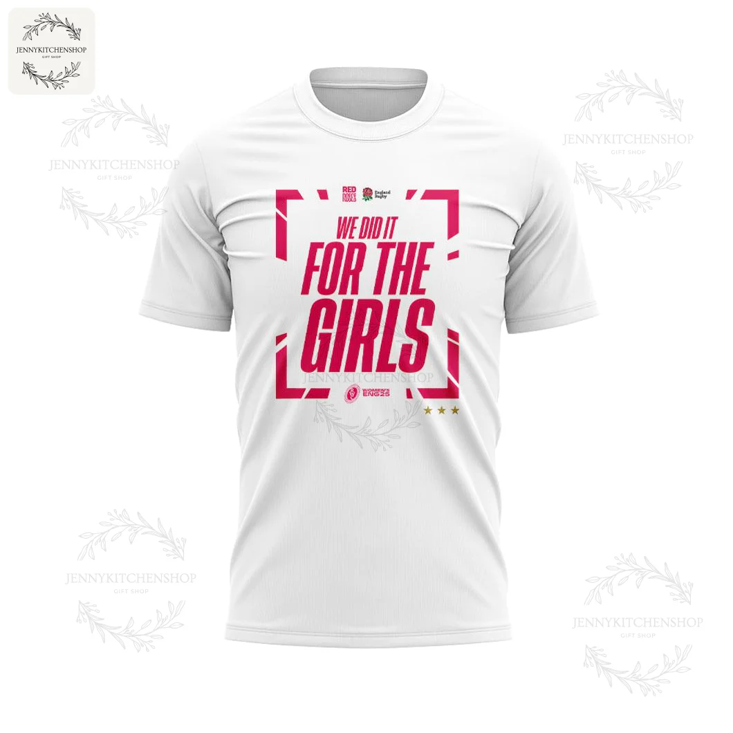 Front view of a white 3D T-shirt with the pink "We Did It For The Girls" design