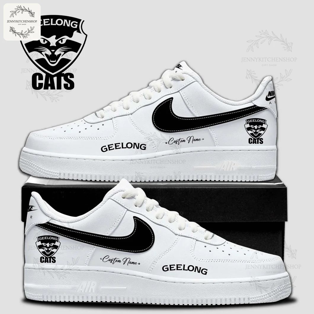 A pair of white custom Air Force 1s featuring the Geelong Cats logo, team name, and a customizable name option.