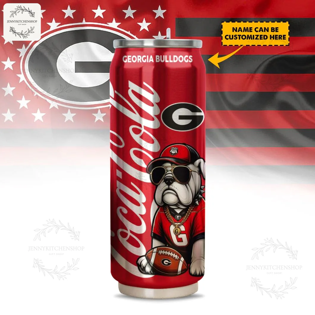 A red, Coca-Cola can-style custom tumbler featuring the Georgia Bulldogs logo and a cool bulldog mascot holding a football.