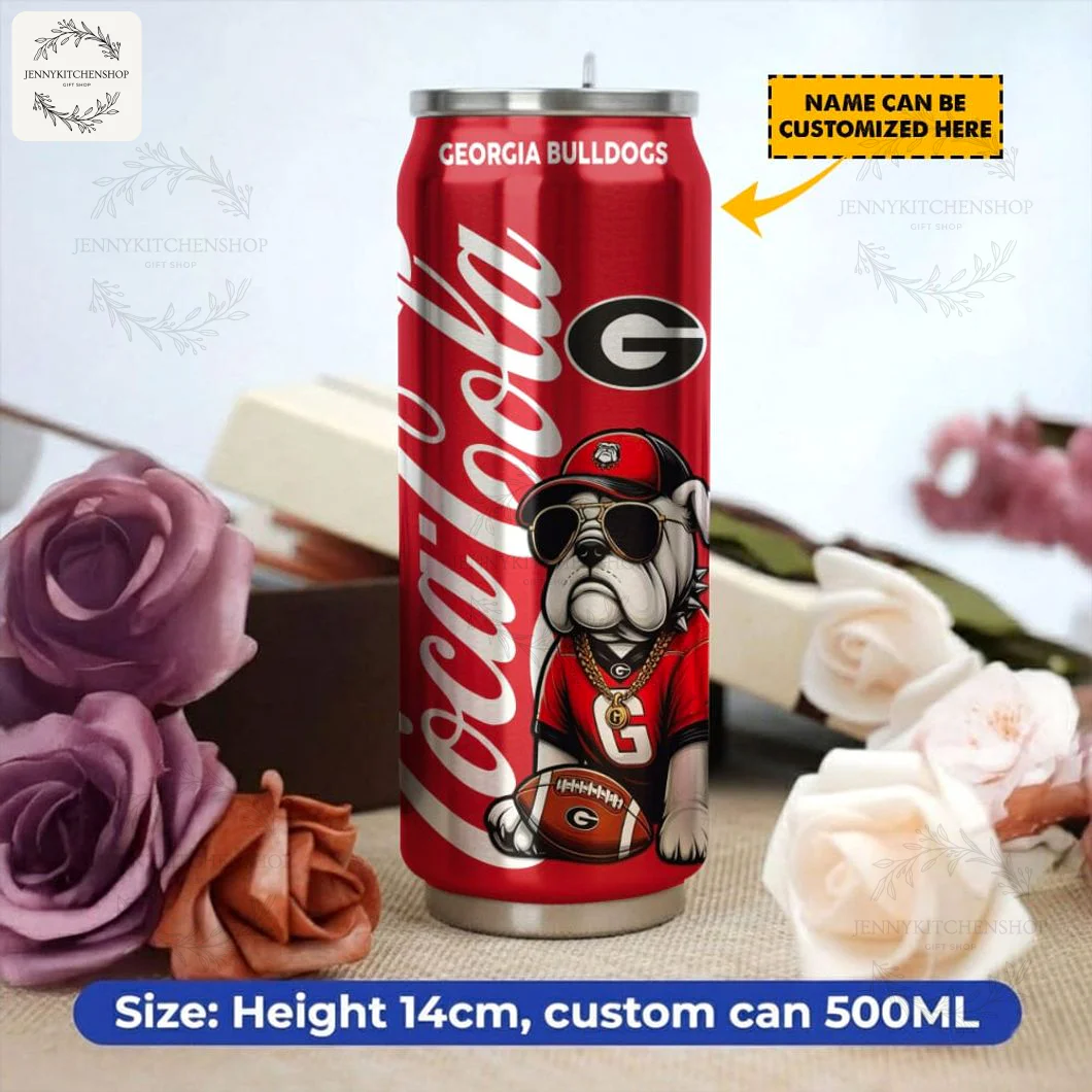 Georgia Bulldogs Coca-Cola Can Tumbler with Size Information Side view of the Georgia Bulldogs custom tumbler surrounded by roses, with text showing its size: 14cm height and 500ml capacity.