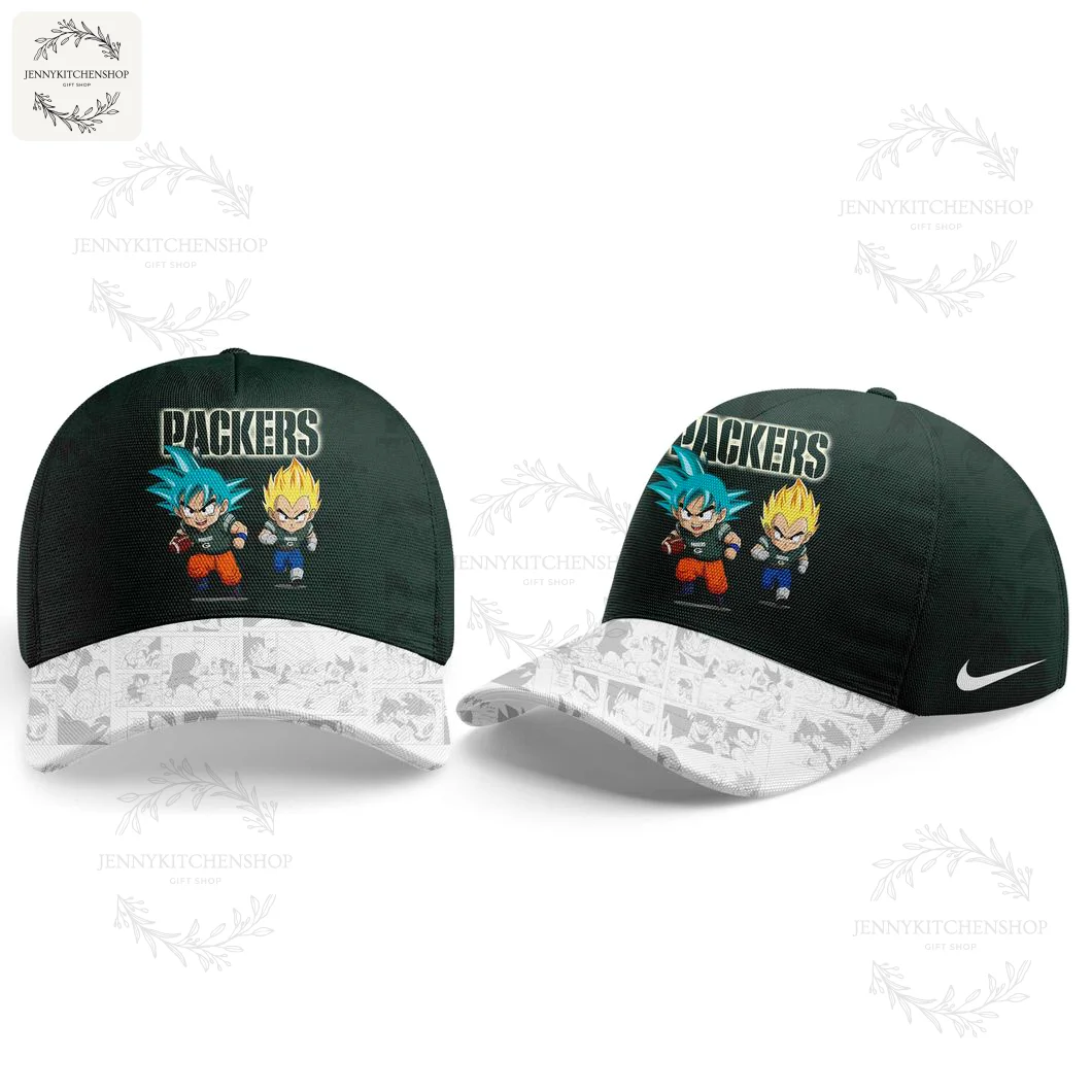 Green Bay Packers Dragon Ball Z Cap with Goku and Vegeta A matching Green Bay Packers x Dragon Ball cap featuring Goku and Vegeta under the Packers logo, with a manga-style brim.