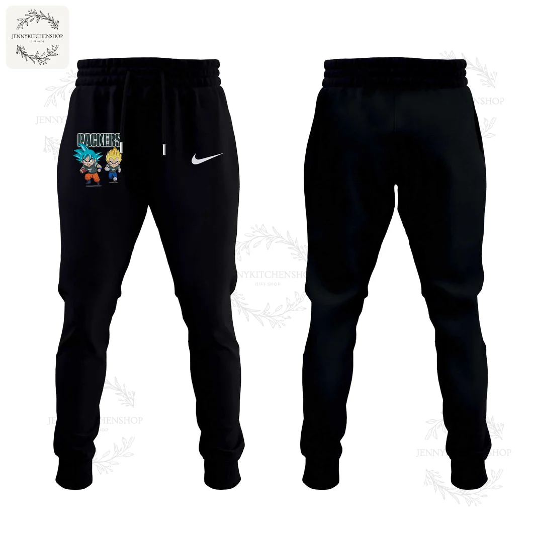 Green Bay Packers Dragon Ball Z Jogger Sweatpants A pair of black jogger sweatpants with the Green Bay Packers logo, Goku, and Vegeta on the thigh, part of the Dragon Ball collection.