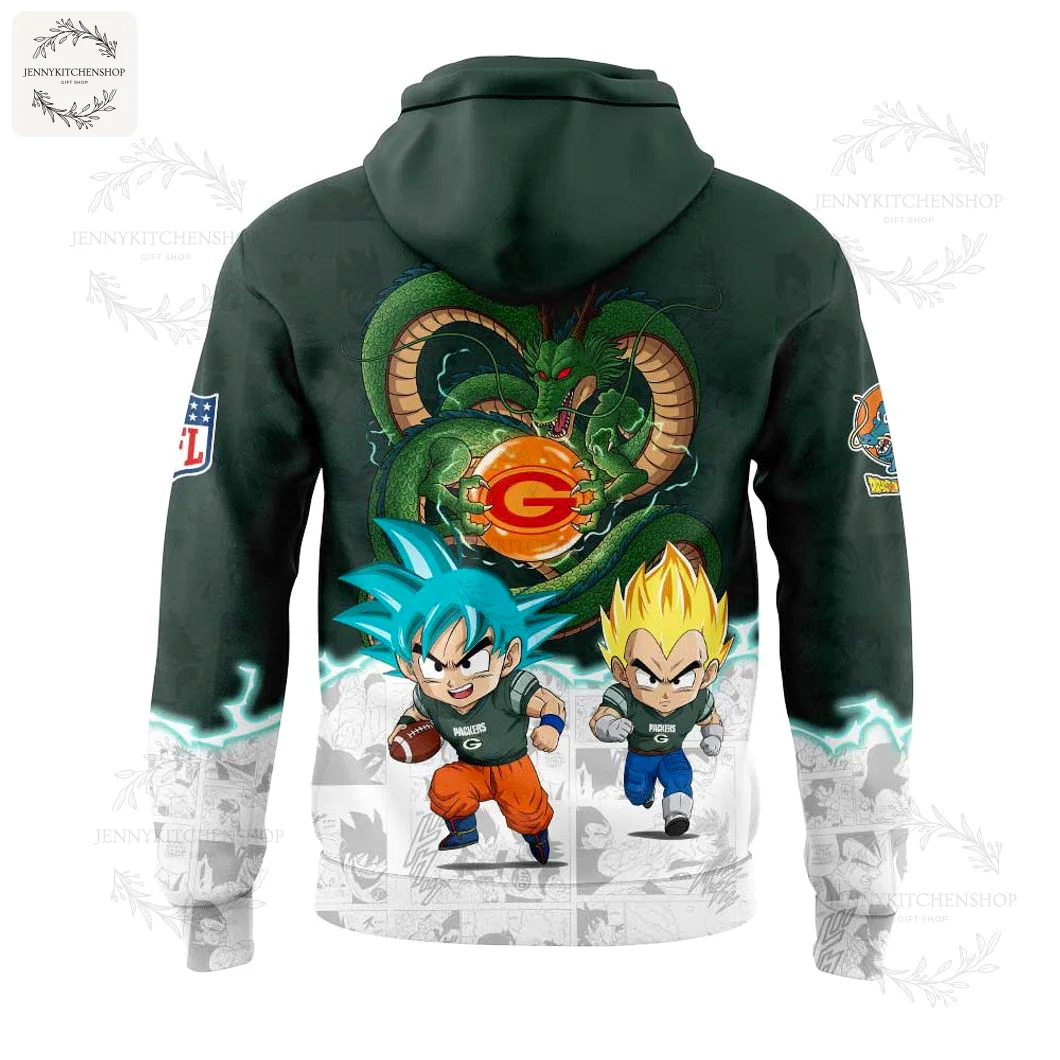 Back View of the Green Bay Packers Dragon Ball Hoodie The back of the Packers x Dragon Ball hoodie featuring Super Saiyan Goku and Vegeta in Packers jerseys below the dragon Shenron.