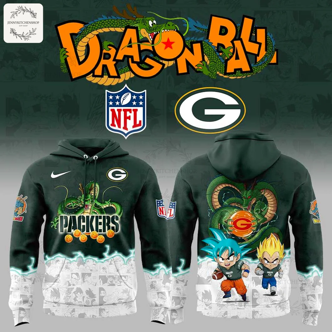 A composite image showing the front and back of the Green Bay Packers x Dragon Ball hoodie featuring Shenron, Goku, and Vegeta.