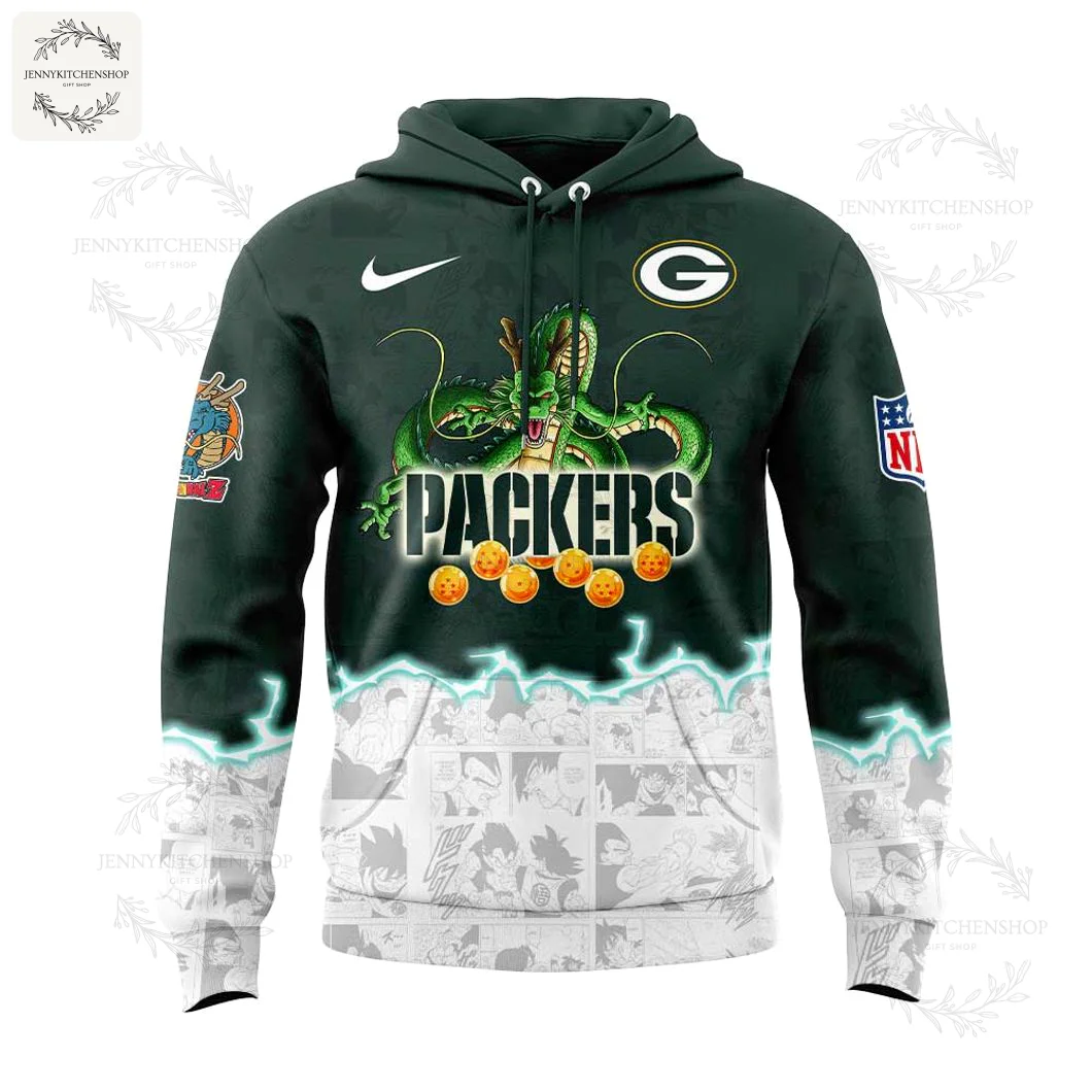 The front of the green and white Packers x Dragon Ball hoodie, showcasing the dragon Shenron over the Packers logo and Dragon Balls.