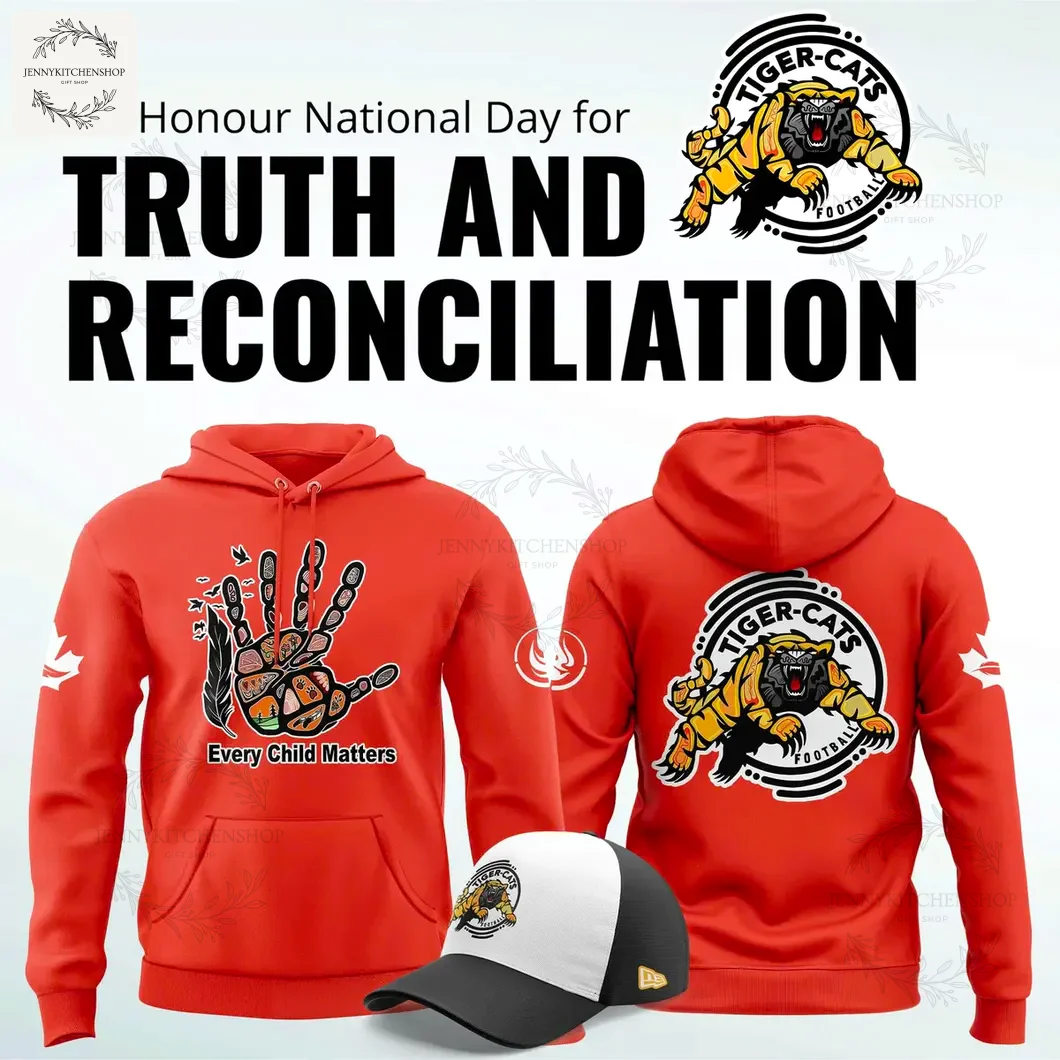 Red hoodie showing front and back designs with a cap, featuring Truth and Reconciliation Day branding and Tiger-Cats logo
