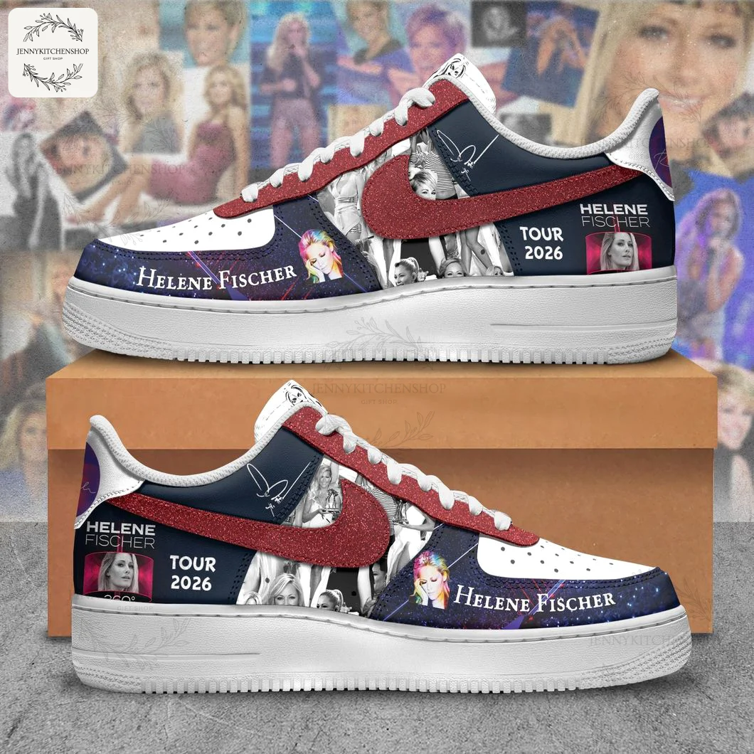 A pair of custom Helene Fischer Tour 2026 Air Force 1 shoes featuring her photos, name, tour date, and a red glitter swoosh.