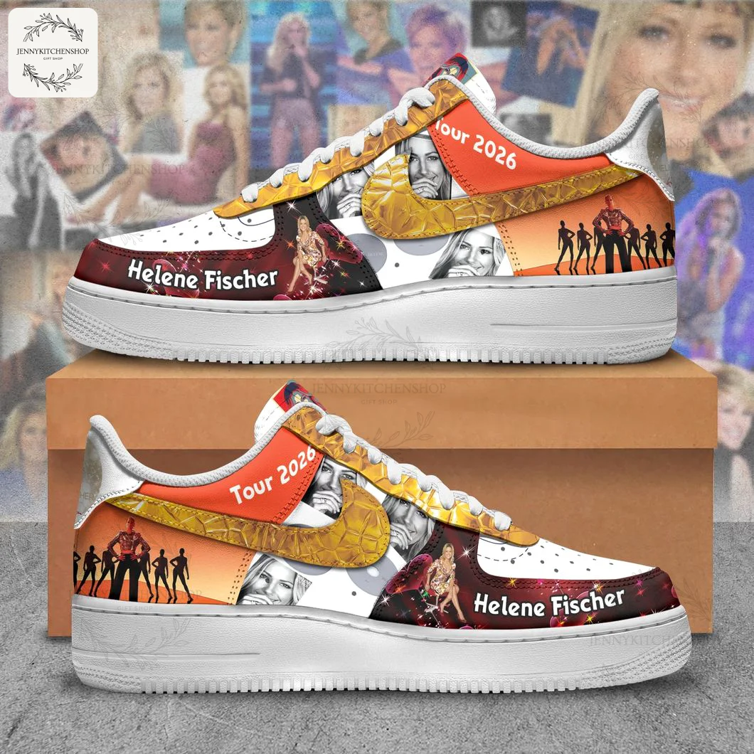 A pair of custom Helene Fischer Tour 2026 Air Force 1 sneakers, one on a shoebox, featuring her photos and name.