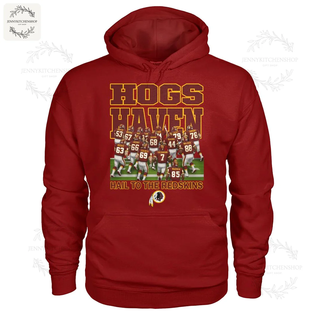 Hogs Haven Hail To The Redskins 2D Hoodie Red Red hoodie displaying team players and game-themed graphics with "Hogs Haven" branding