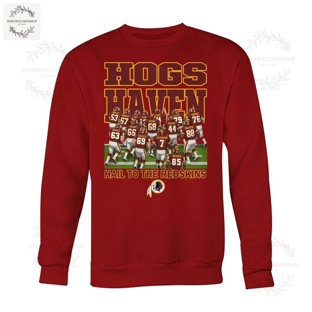 Red sweatshirt with team players and "Hogs Haven" text for Redskins fans