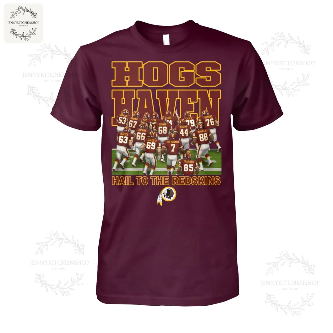 Maroon T-shirt featuring a football team with players and text "Hogs Haven" and "Hail to the Redskins"