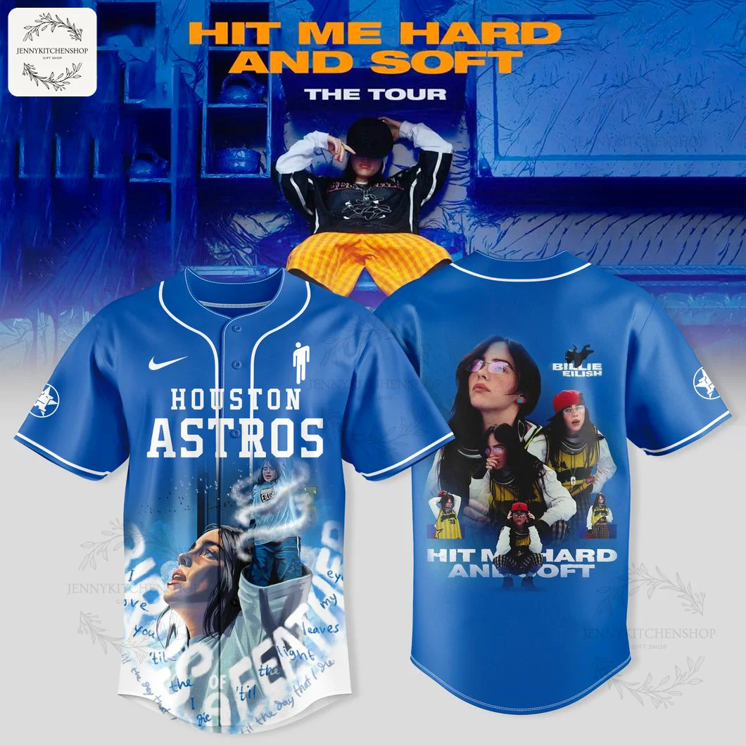 Front and back view of the blue Houston Astros x Billie Eilish baseball jersey, featuring tour graphics from Hit Me Hard And Soft.