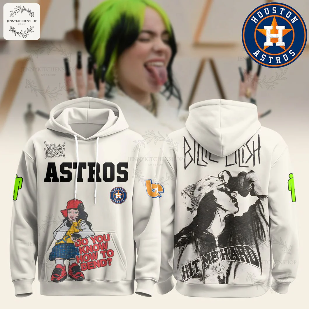 Front view of white hoodie with bold "ASTROS" text, small Houston Astros patch, cartoon graphic of a seated figure with "Do You Know How To Bend?" slogan, Billie Eilish script logo on shoulder and neon green sleeve accent